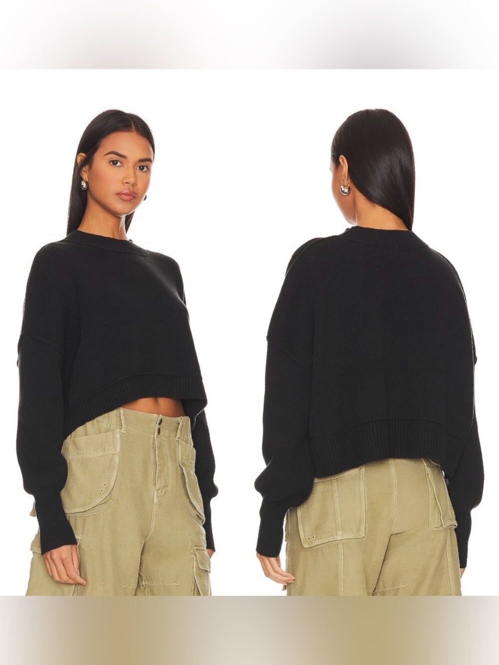 Free People Easy Street Black Cropped Crop Crewneck Sweater - Womens NEW